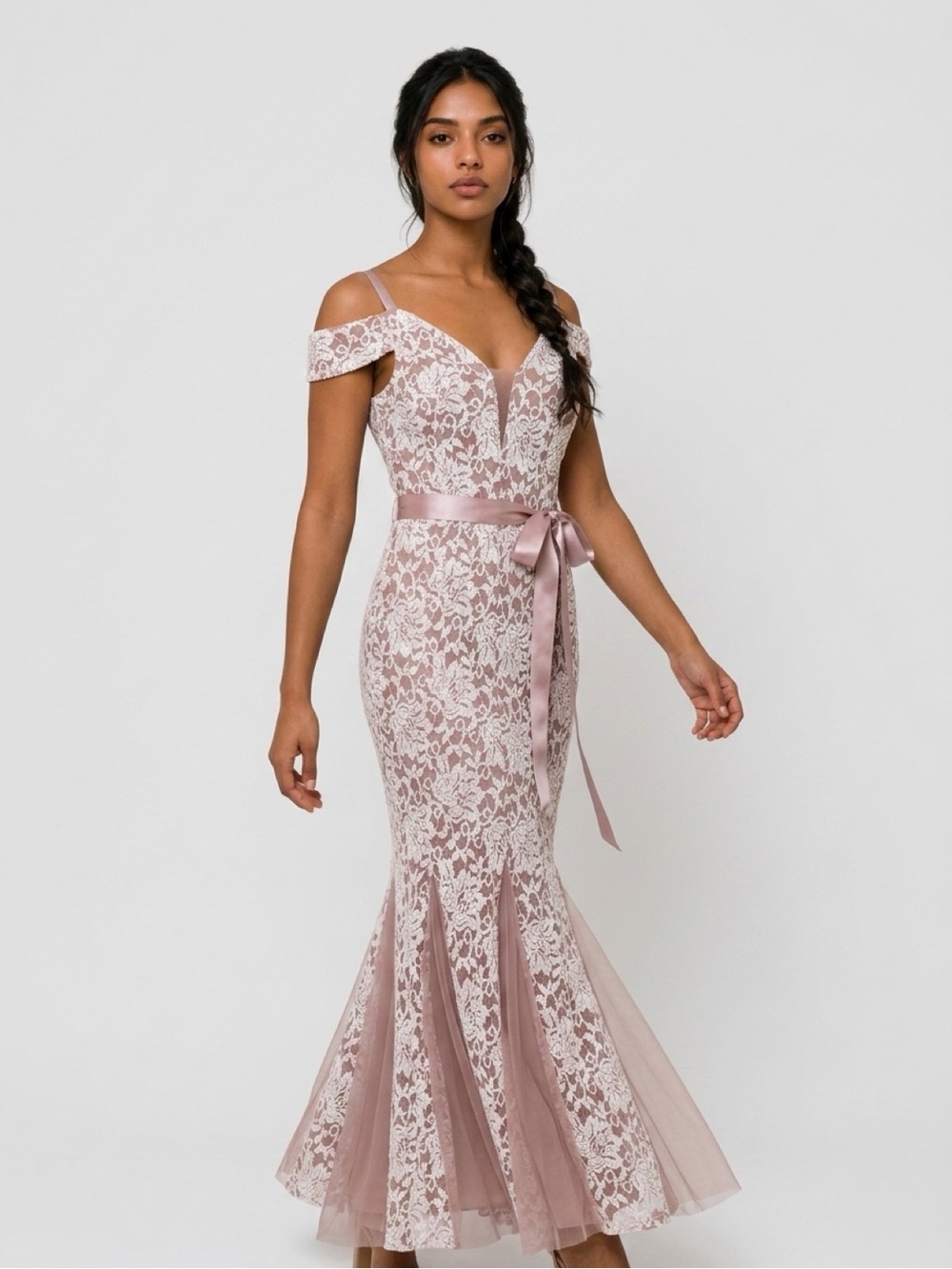 Candalite Blush Pink Sequined Lace Off-the-Shoulder Evening Gown — Size M